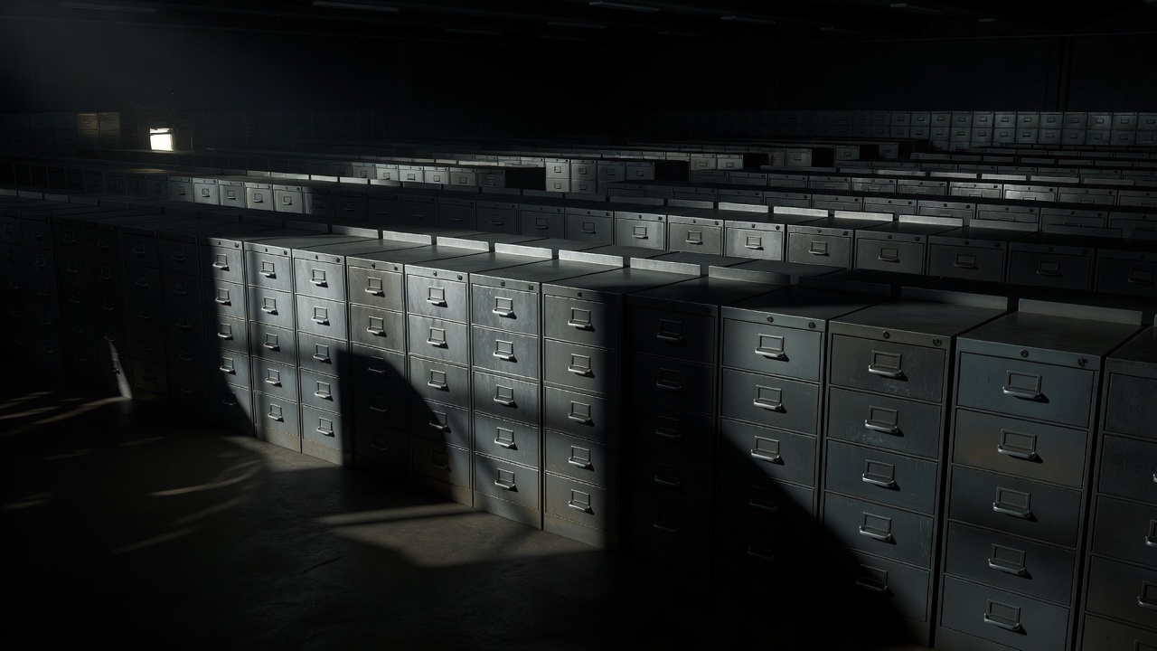 Rows of metal archive filing drawers in a dim records room, lit from one side with deep shadows