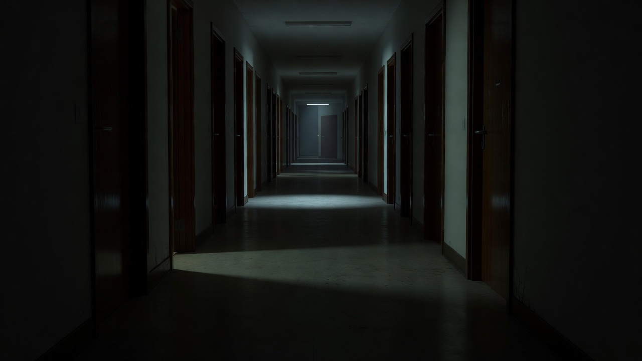 A long empty office corridor with closed doors, a pool of light at the far end and heavy shadow in the foreground