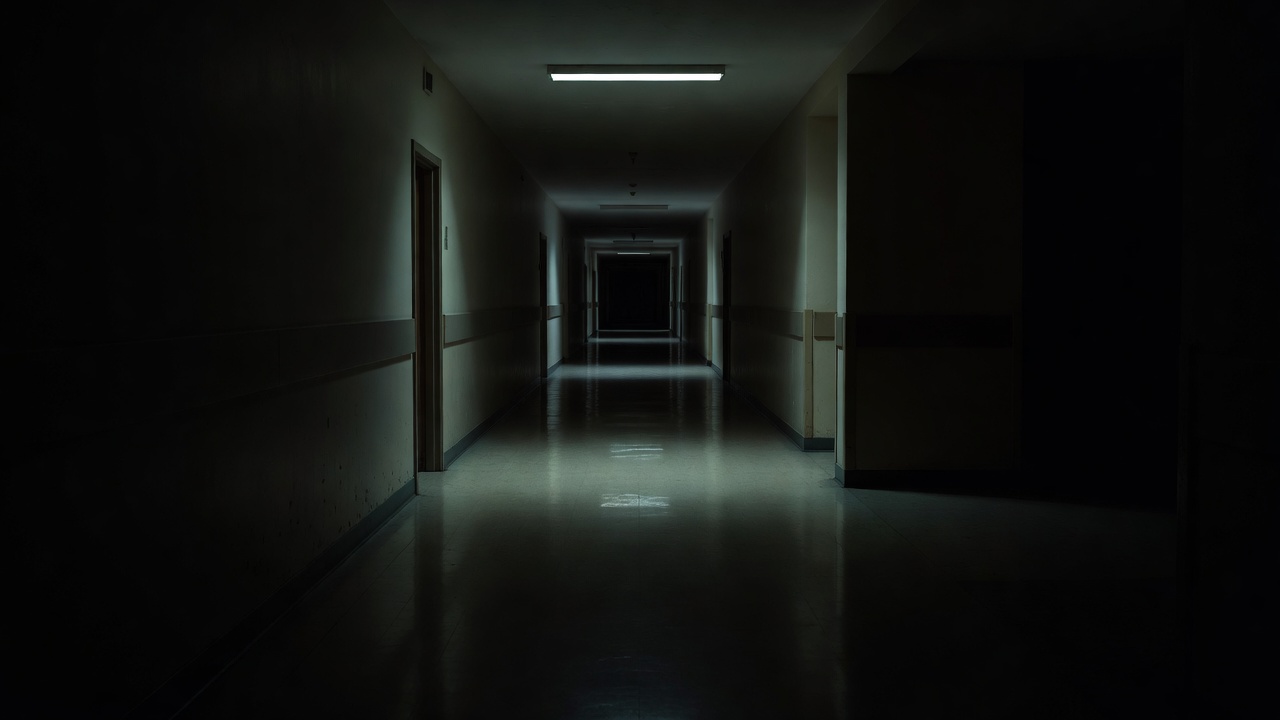An empty institutional corridor at night with a single overhead light and long dark shadows on the floor
