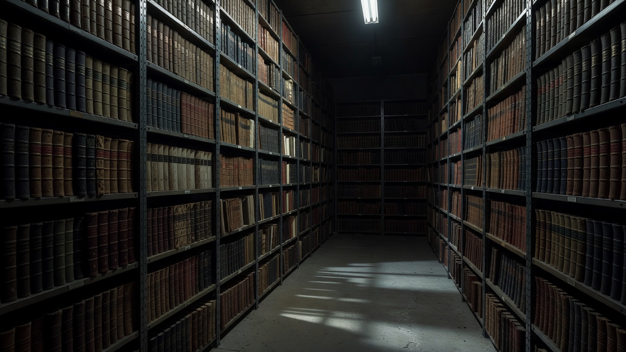 Tall shelves of bound volumes in a public records room, partly lit, with deep shadows between the stacks